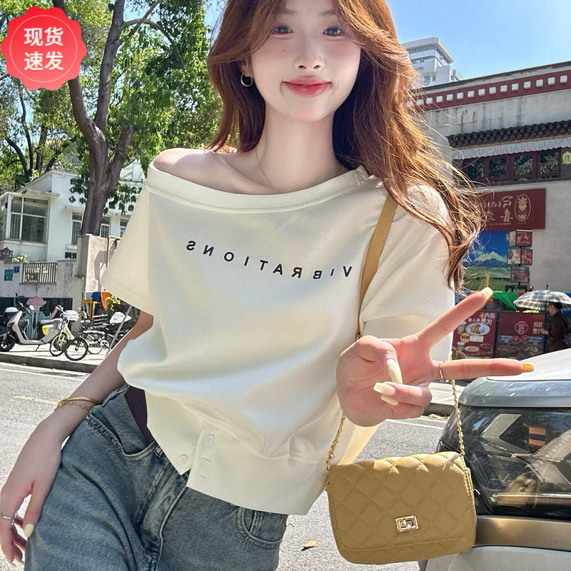 斜肩字母印花短袖T恤女夏