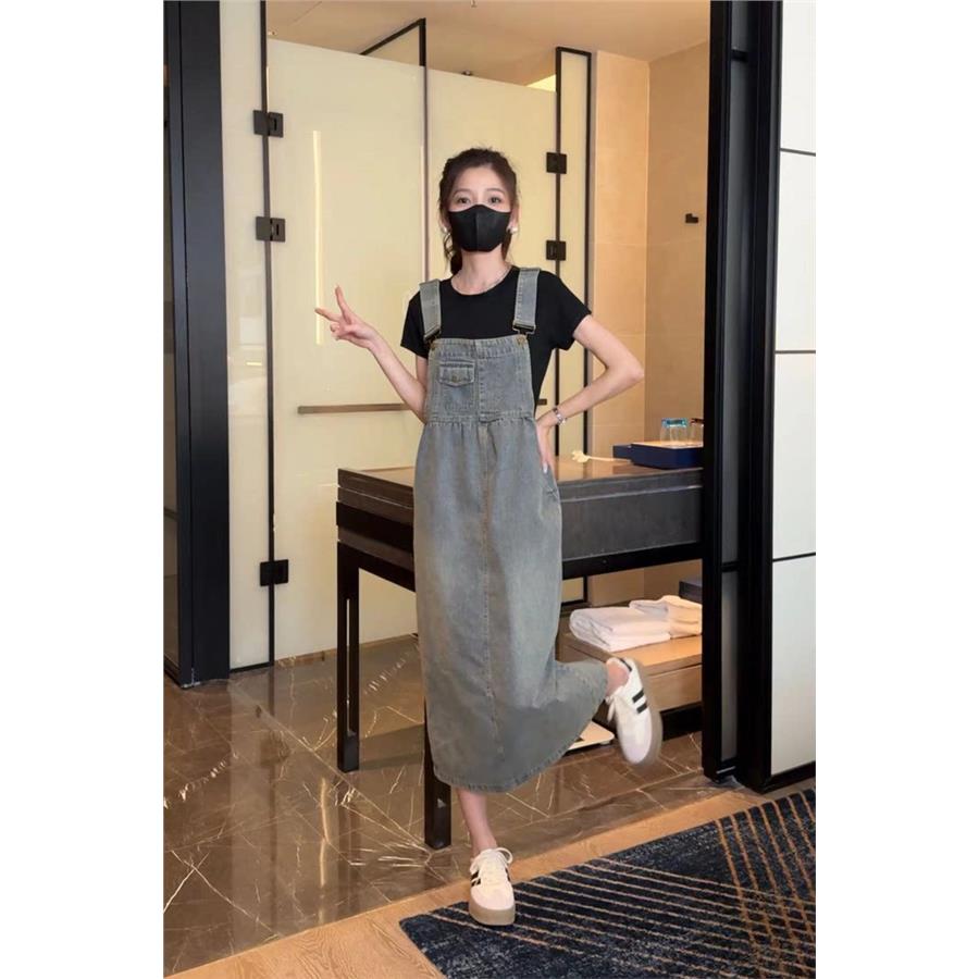 复古牛仔抱婴袋裙吊带洋