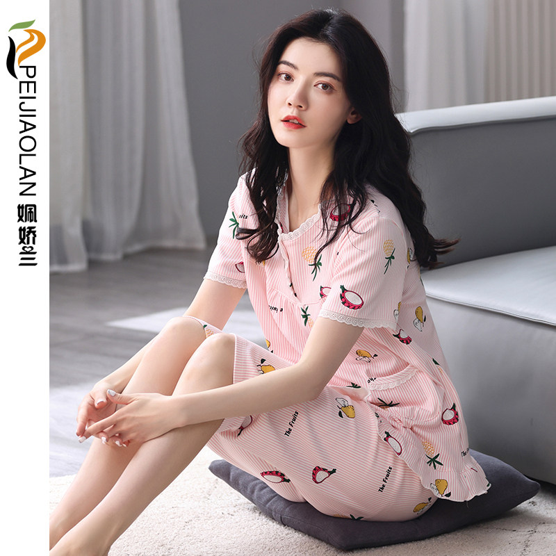 睡衣女士春夏季纯棉短袖七分裤家居服薄款可外穿中年全棉休闲套装