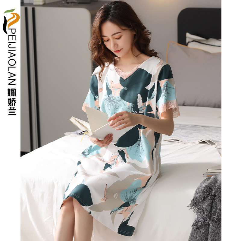 莫代尔短袖睡裙女式夏季薄款睡衣可外穿中年妈妈加大码夏款家居服