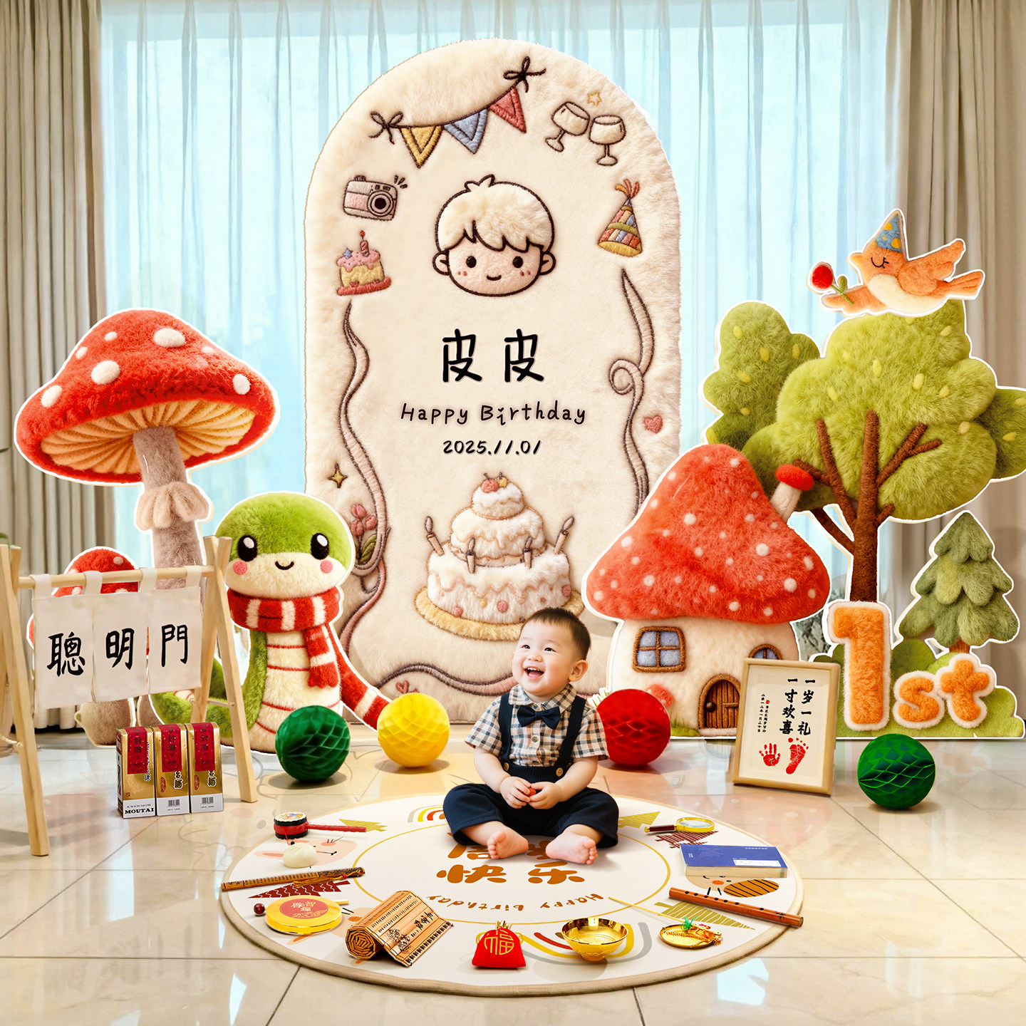 宝宝一周岁礼装饰生日场景布置立体KT板男女孩氛围感拍照抓周道具