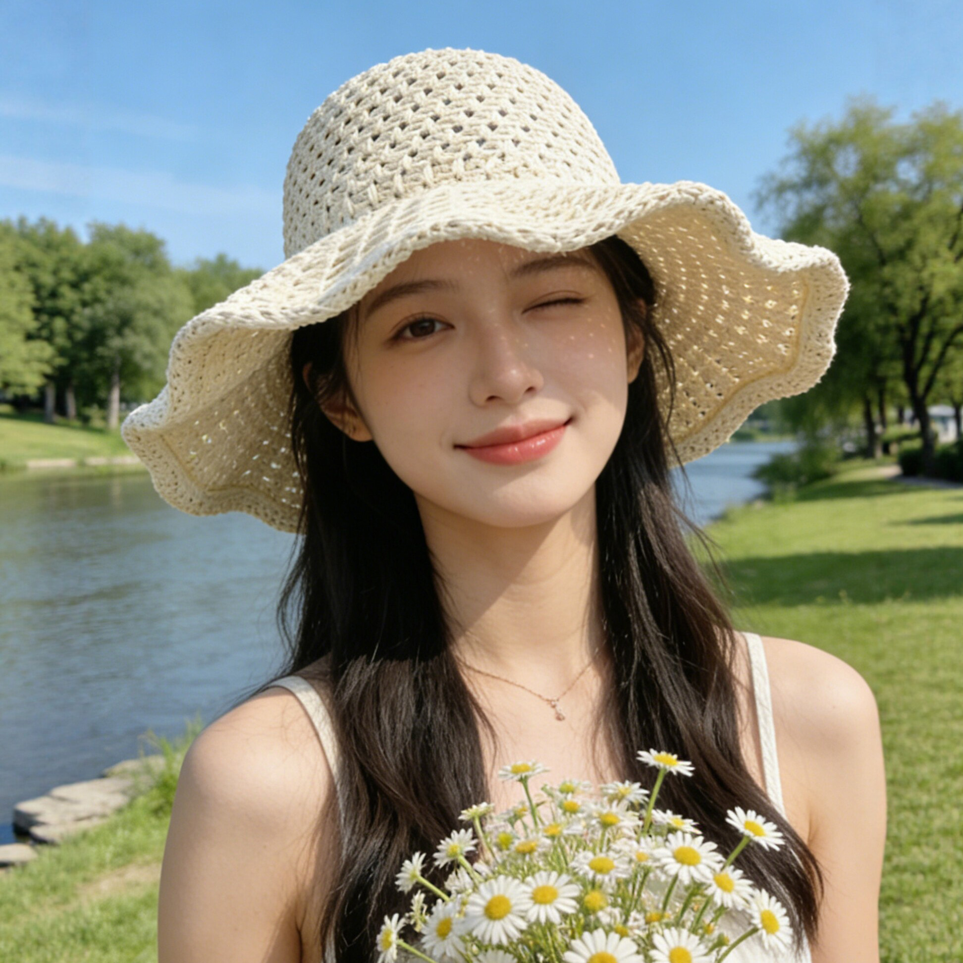 镂空草帽女夏季海边沙滩度假大帽檐可折叠遮阳防晒帽草编渔夫帽子