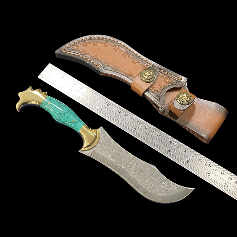 英吉沙手工锻打高硬度锋利大马士革钢小刀黄铜松石手柄握感舒适