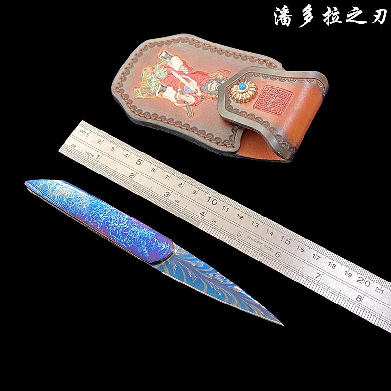 手工折刀 瑞典大马士革钢烤蓝羽毛纹高硬度锋利折叠刀雷射纹钛柄