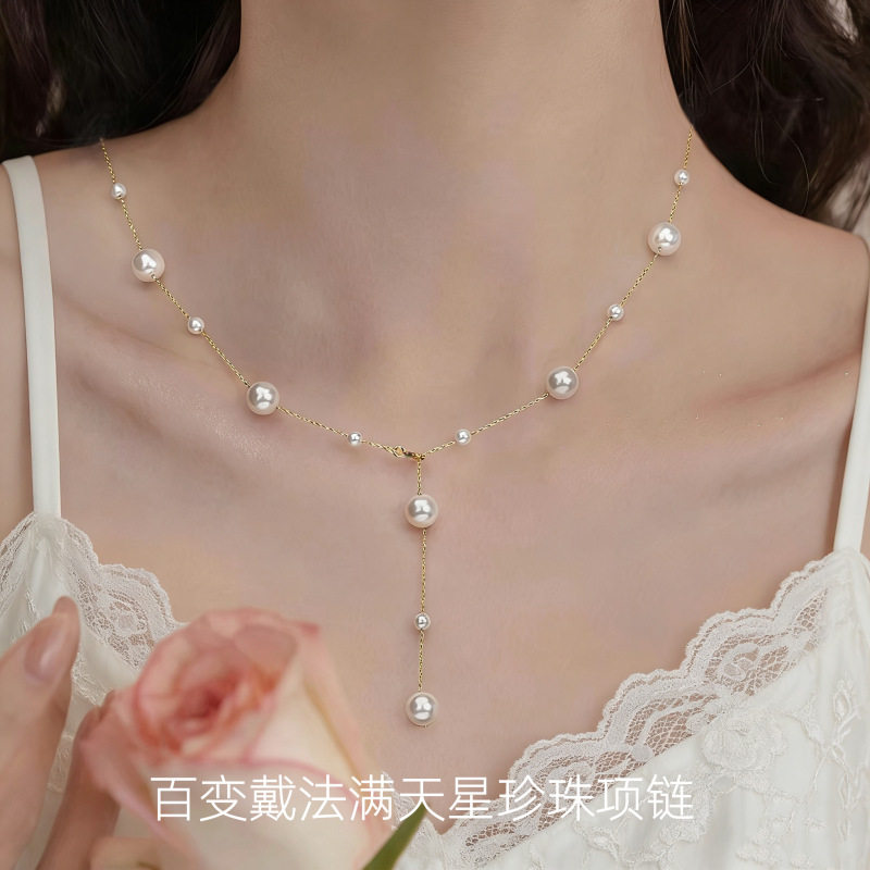 s925纯银满天星珍珠项链女叠戴多层圆形中长款锁骨链颈链一款多戴