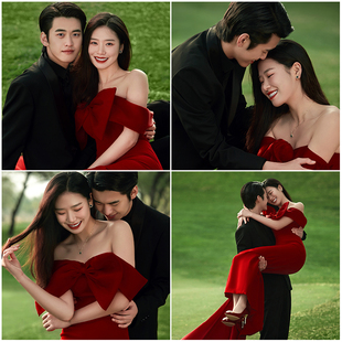 影楼婚纱照新样片情侣红裙礼服草坪外景主题摄影客片样照591