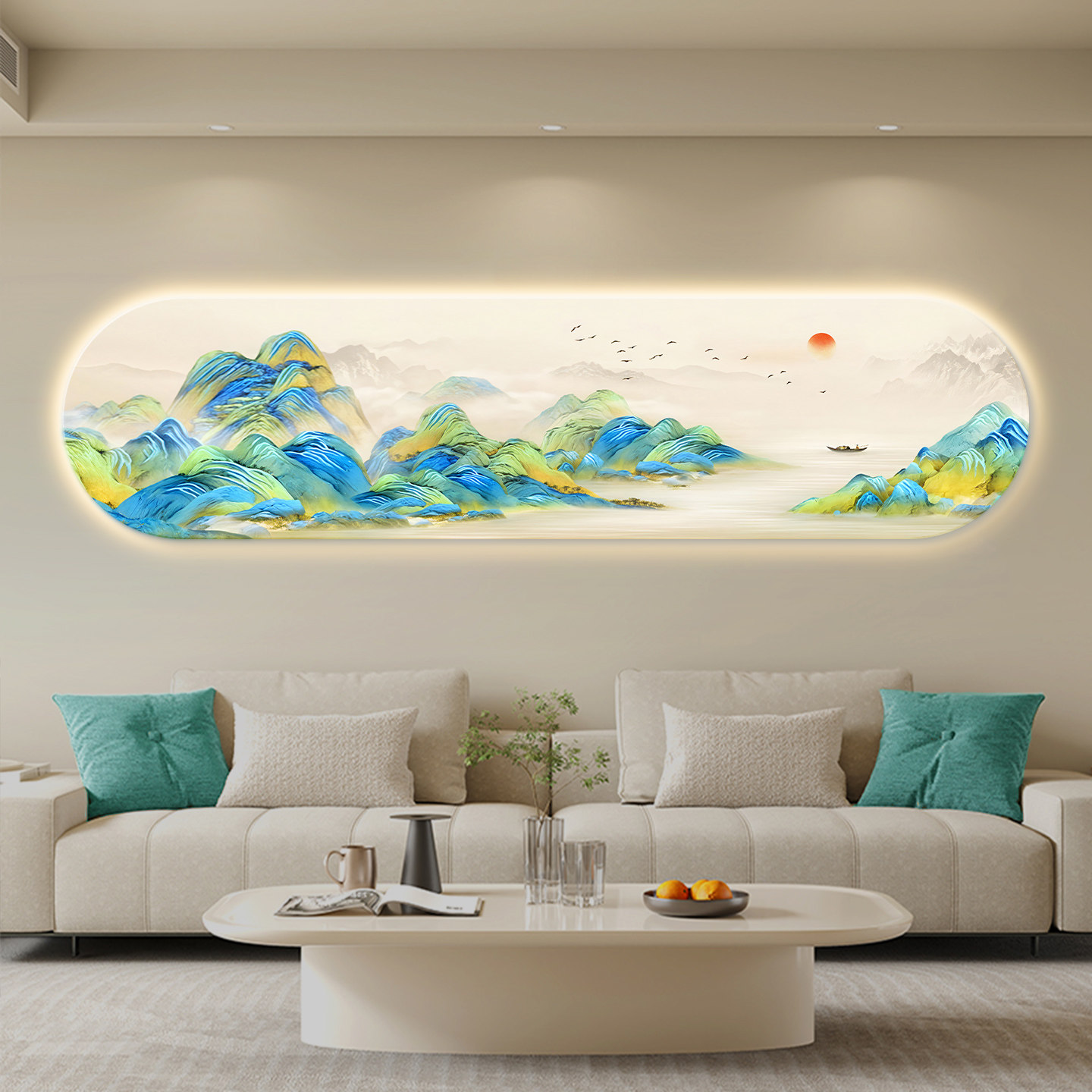 千里江山画客厅装饰画现代沙发背景墙壁画景观卧室床头氛围灯挂画