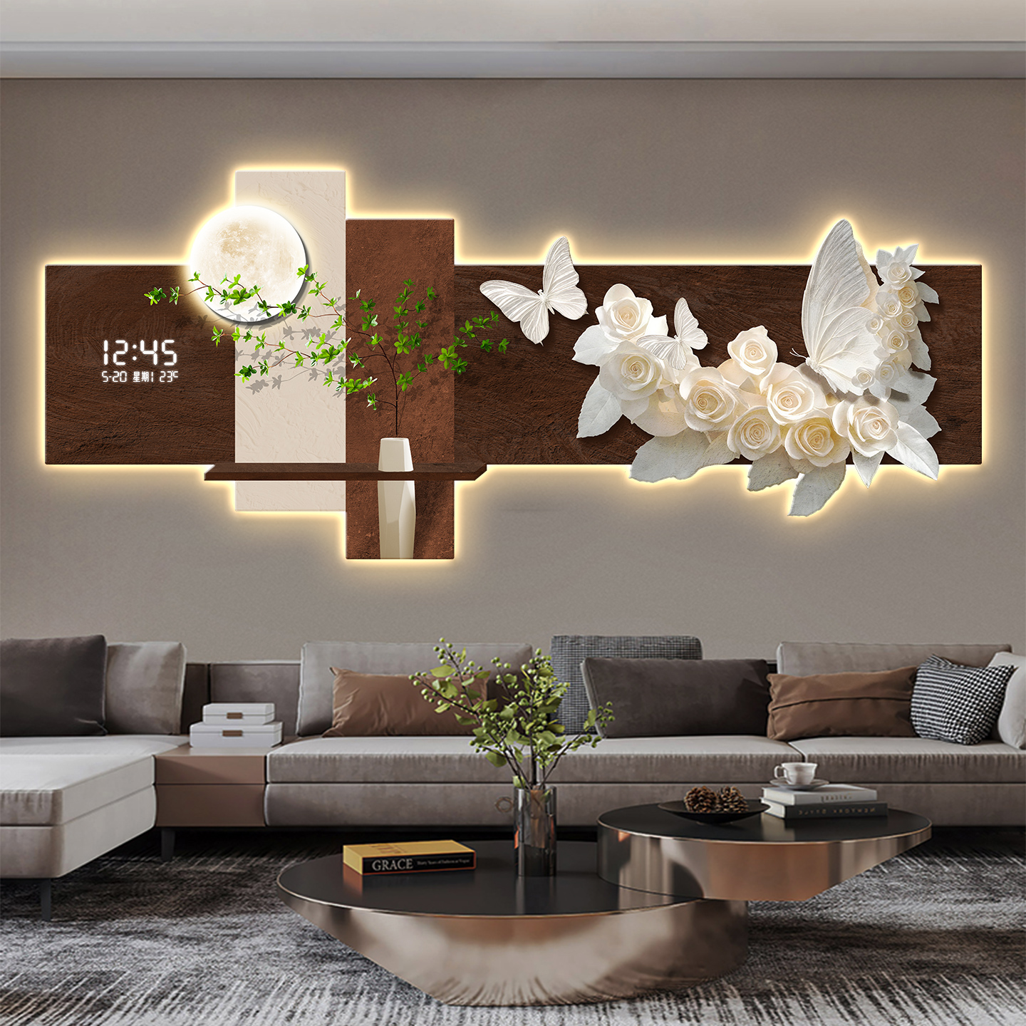 高级感蝴蝶客厅装饰画万年历电子钟沙发背景墙挂画创意时钟壁灯画图片