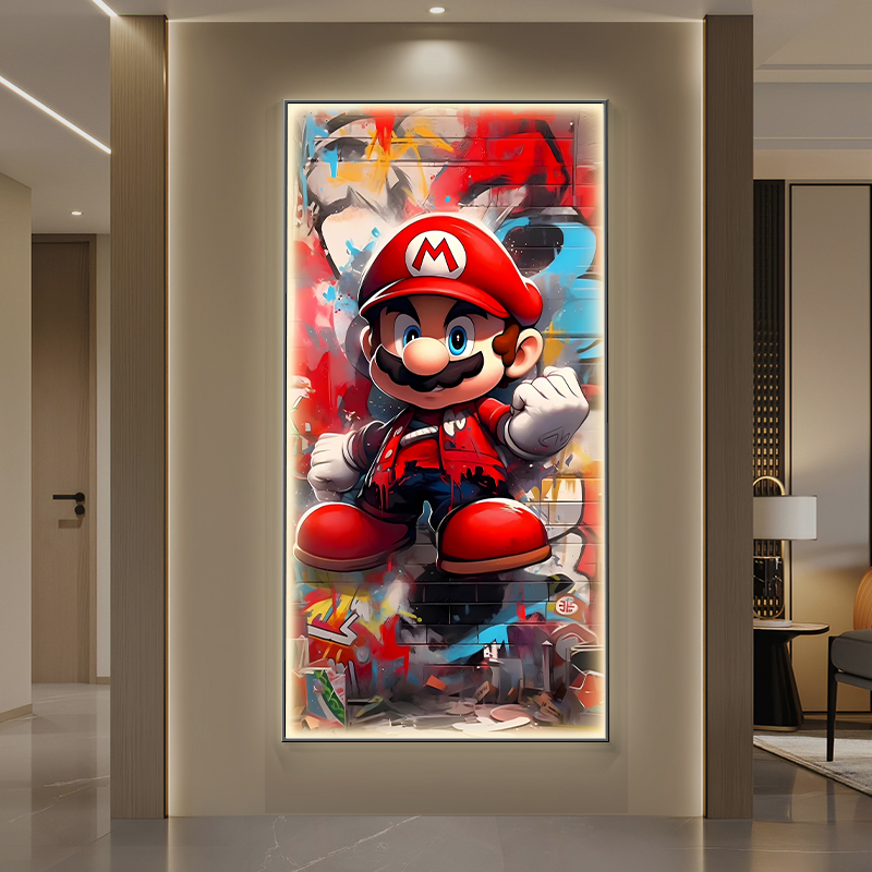 超级玛丽玄关装饰画高级感卡通发光挂画马里奥过道走廊尽头壁灯画图片