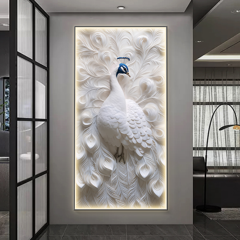 轻奢高级感孔雀挂画入户进门玄关装饰画LED带灯客厅过道走廊壁画图片
