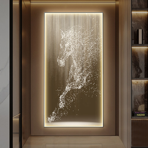 骏马入户玄关装饰画轻奢高级感挂画LED灯画竖版走廊过道发光壁画