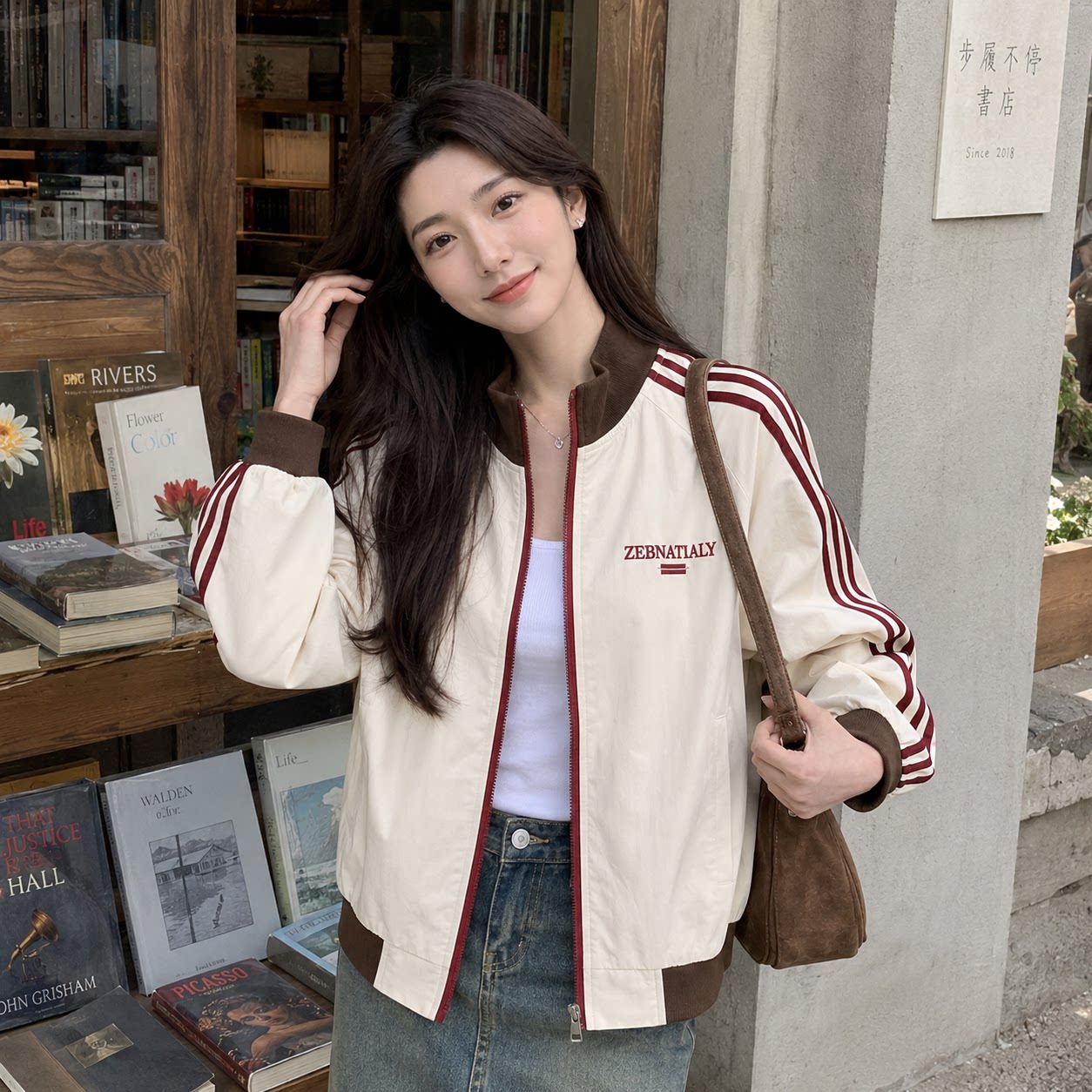 秋季新款拼色夹克宽松女拉链外套图片