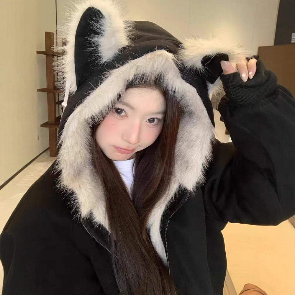 NKAOL黑色鹿皮毛领夹棉座山雕外套男女同款秋冬加厚情侣装外套