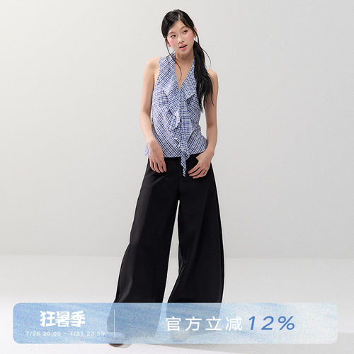 格纹V领荷叶边挂脖背心
