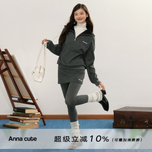 ANNA CUTE（原ATLAS) 学院风冬季复古波点翻领卫衣+波点短裙套装