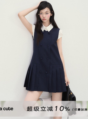 ANNA CUTE 韩版学院风双排扣无袖连衣裙女简约西装百褶背心裙