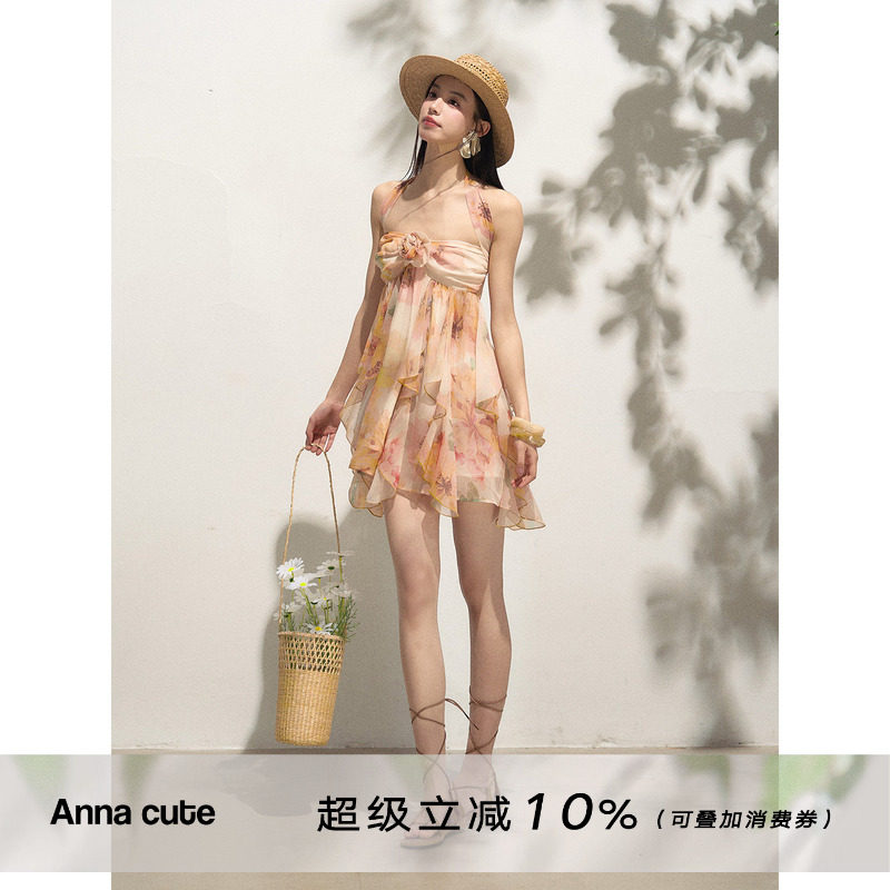 ANNA CUTE 浪漫度假风印花显瘦收腰不规则抹胸裙设计感氛围连衣裙