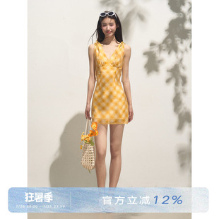 ANNA CUTE 莱赛尔黄色格纹多巴胺修身掐腰夏季度假风设计感连衣裙