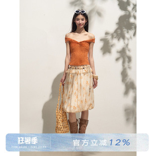 ANNA CUTE 莫代尔纯欲蕾丝镂空防透一字肩T恤夏季外穿无袖上衣女