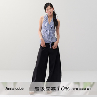ANNA CUTE 原创夏季格纹V领荷叶边挂脖背心修身收腰无袖吊带女