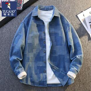 港风高级感痞帅文艺格子休闲长袖 2026新款 潮流 春季 啄木鸟牛仔衬衫