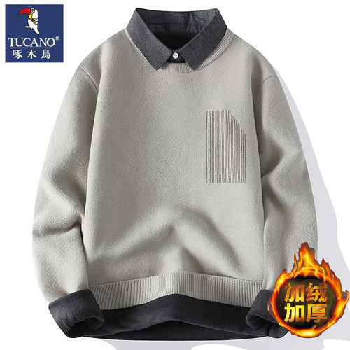 啄木鸟宽松针织衬衫领保暖毛衣男