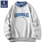 啄木鸟灰色卫衣男重磅潮流衬衫 领假两件打底衫 男春秋宽松外套男薄