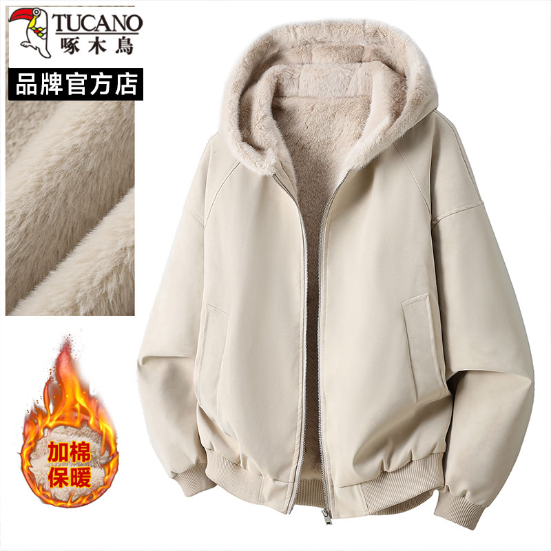 啄木鸟加绒加厚外套男秋冬季连帽夹克男美式复古冬装保暖防寒棉服