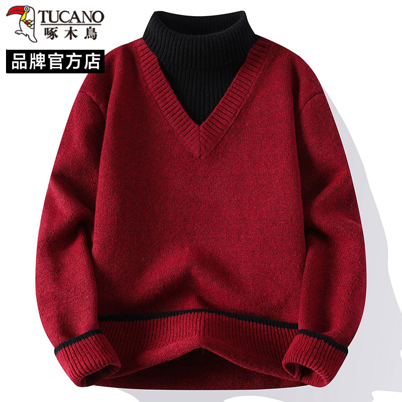 啄木鸟复古风高领假两件针织衫男秋冬季红色本命年毛衣高级感上衣