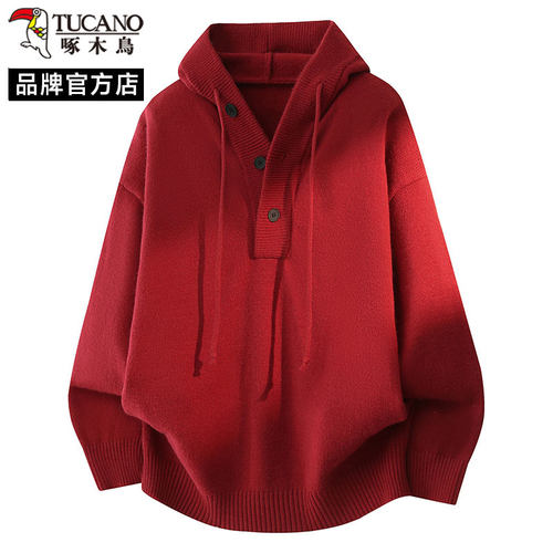 啄木鸟红色本命年毛衣男秋冬季排扣设计感潮牌宽松连帽保暖针织衫
