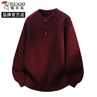 啄木鸟亨利领红色本命年毛衣男加厚保暖针织衫 线衣 高级感慵懒美式