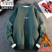 刺绣潮流百搭男士 啄木鸟圆领毛衣男加绒保暖针织衫 秋冬季 毛衣上衣