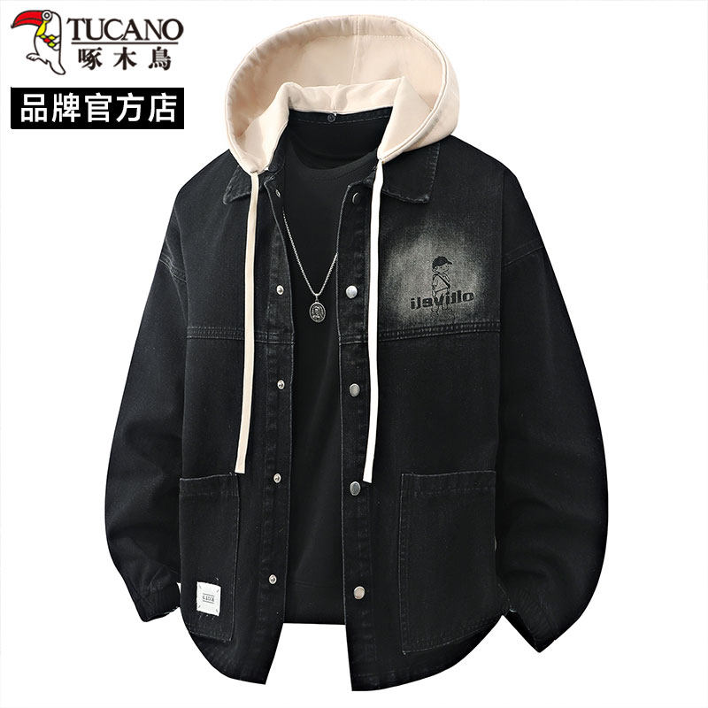 啄木鸟牛仔外套男士春秋季2026新款卡通印花休闲可脱卸帽夹克上衣,男装,牛仔外套,淘宝优惠券,粉丝福利购,淘宝优惠卷