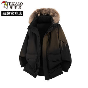 啄木鸟工装大毛领情侣羽绒服男女中长款户外防风防寒东北派克服潮