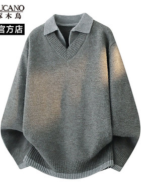 啄木鸟复古翻领毛衣男秋冬季宽松慵懒风针织衫高级感宽松休闲上衣