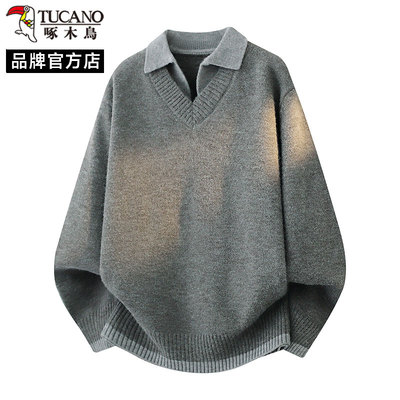 啄木鸟复古翻领毛衣男秋冬季宽松慵懒风针织衫高级感宽松休闲上衣