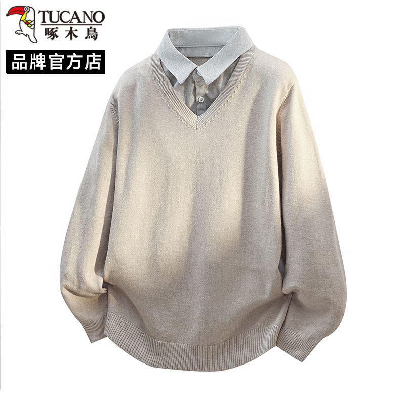 啄木鸟学院风假两件衬衫领针织衫男秋冬季新款休闲套头毛衣打底衫