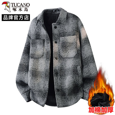啄木鸟加棉格子毛呢外套男装秋冬季2025新款潮牌加厚夹克呢子衣服