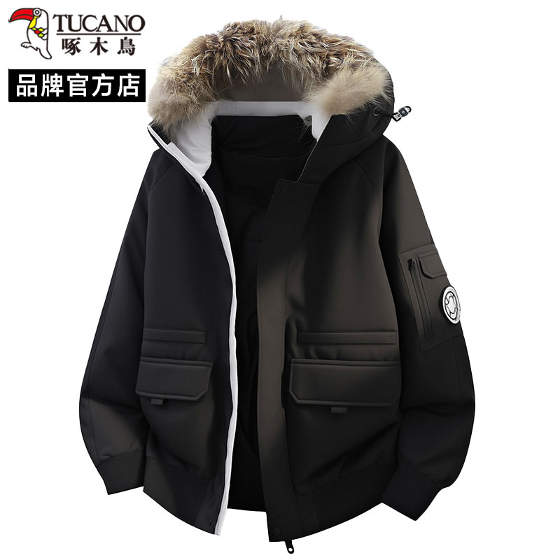 啄木鸟工装风可拆卸大毛领连帽羽绒服男士冬季户外派克服情侣外套