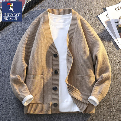 啄木鸟2025新款纯色V领毛衣外套男秋冬季潮牌简约休闲宽松针织衫