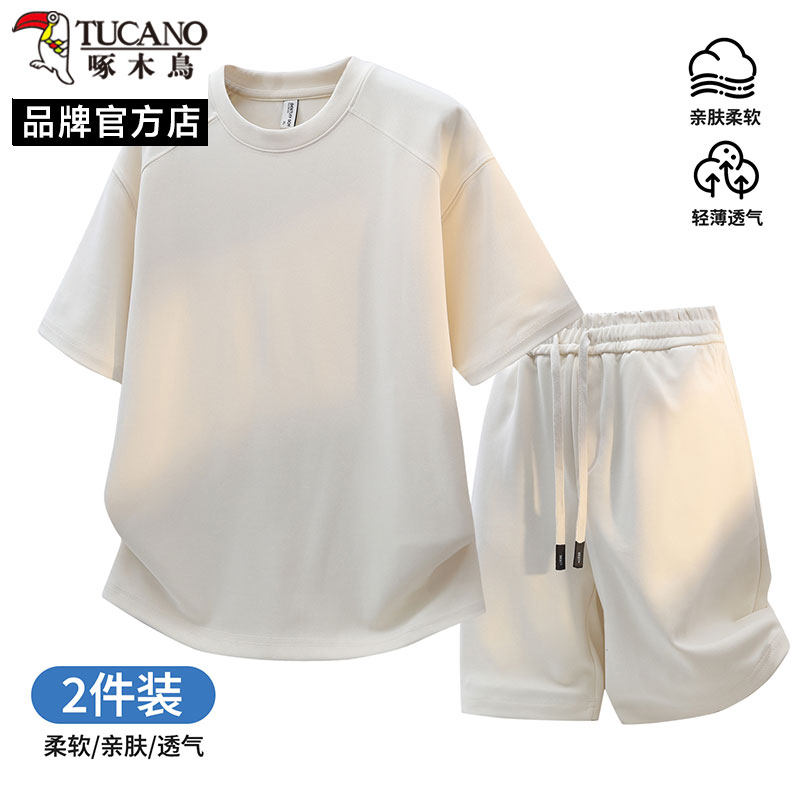 啄木鸟日系套装男夏季运动休闲一套衣服搭配宽松短袖短裤两件套潮