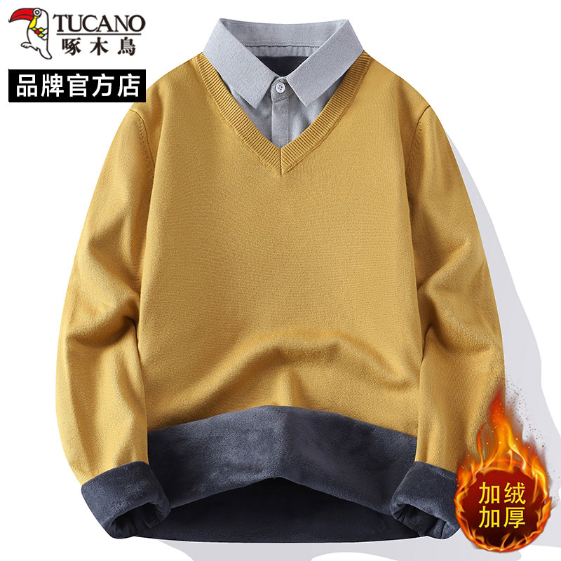 啄木鸟男衬衫领加绒假两件毛衣