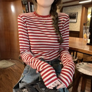 ins打底衫 韩系减龄条纹T恤女短上衣秋季 长袖 甜辣美式 修身