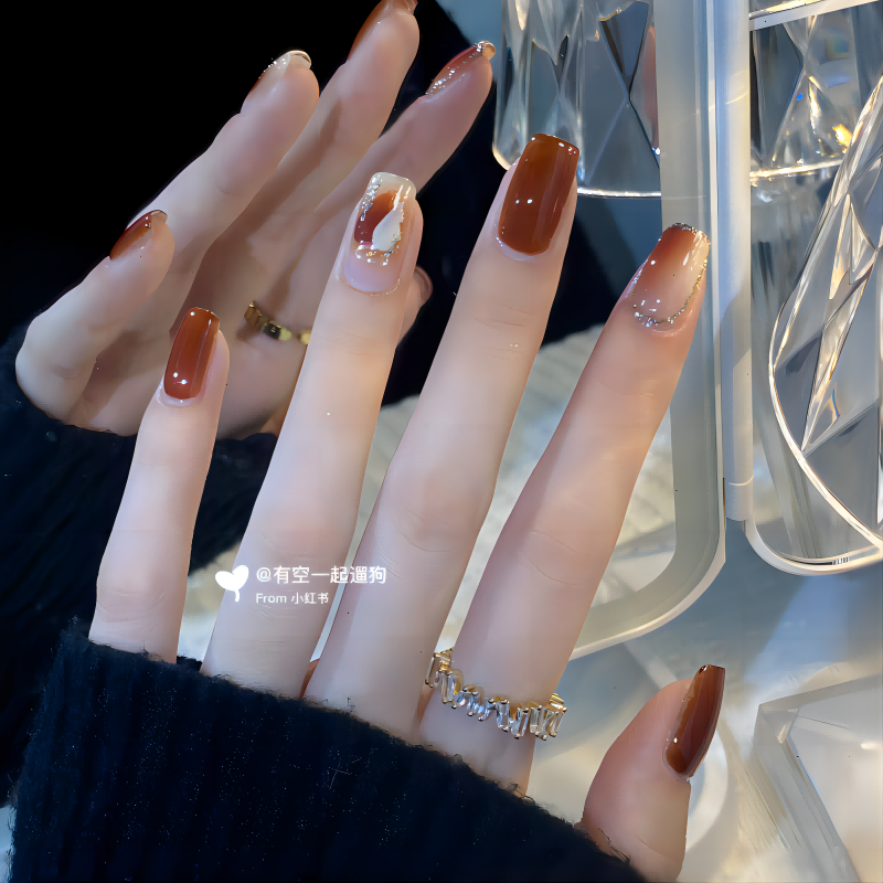 秋冬焦糖琥珀显白假指甲成品美甲穿戴甲定制手工贴片高级感可拆卸