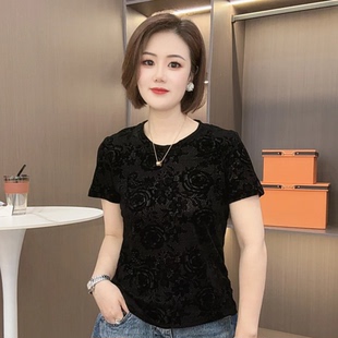 百搭显瘦上衣 夏季 新款 蕾丝玫瑰提花圆领短袖 T恤女轻奢高级感小衫