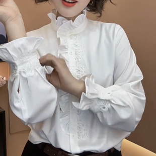 法式白色花边衬衫立体钉珠减龄长袖衬衣女刺绣灯笼袖减龄叠穿上衣
