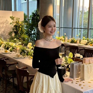 黑白拼接撞色长袖 氛围感宴会长裙 露肩连衣裙女秋冬轻奢温柔风法式