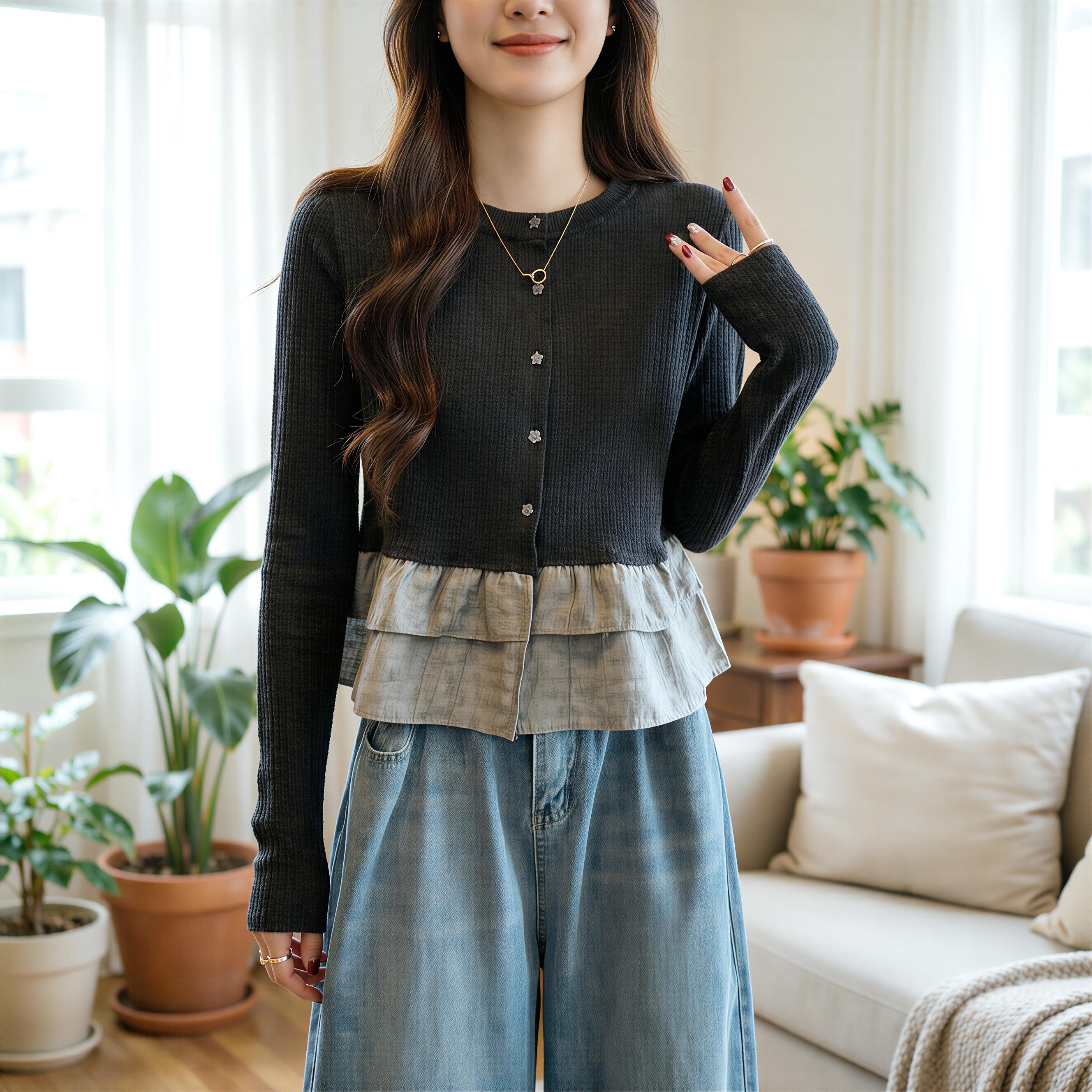 荷叶边下摆正肩长袖T恤女2026春新款大码胖mm漂亮小衫娃娃衫上衣