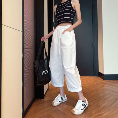 夏季薄款白色阔腿裤女八分小个子宽松大码松紧腰休闲直筒裤子百搭