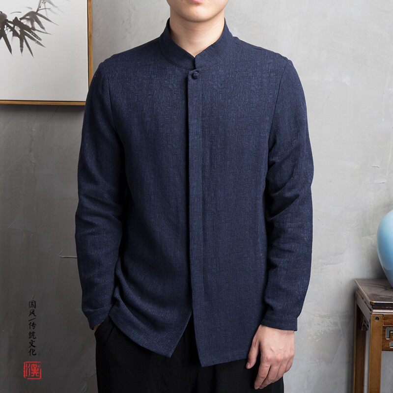 2025春秋季棉麻长袖立领唐装男士休闲中国风外套汉服民族衣服衬衫